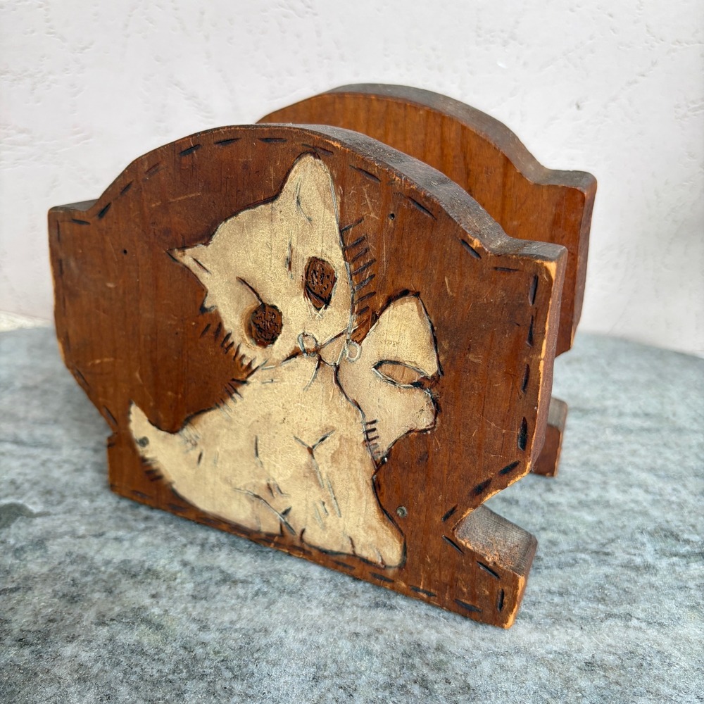 Vintage Folk Art Wooden Cat Napkin Holder Rustic Hand Painted Kitten Decor